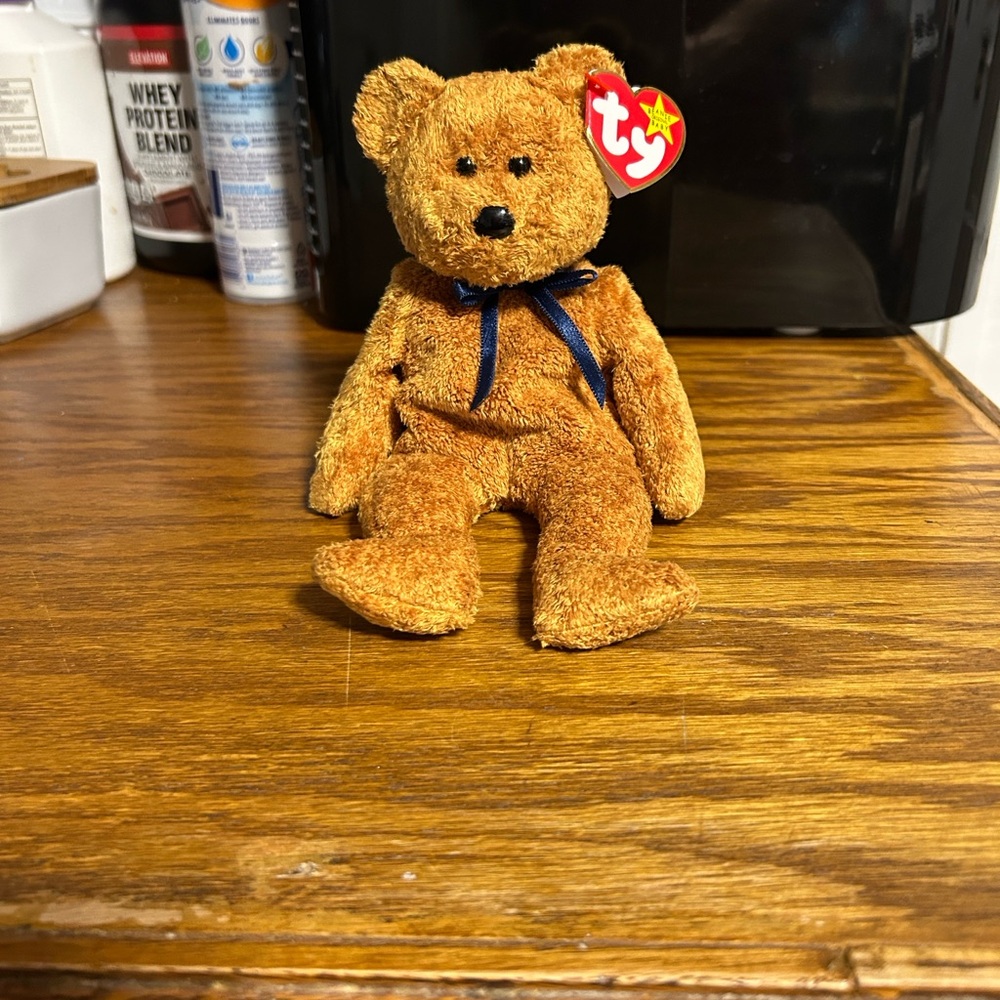 Ty Tan Teddy Bear with Blue Ribbon